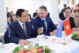 El primer ministro vietnamita, Pham Minh Chinh, con productos del Instituto de Investigación de Plantas y Alimentos de Nueva Zelanda (Auckland, 10 de marzo de 2024). (Fuente: VNA)