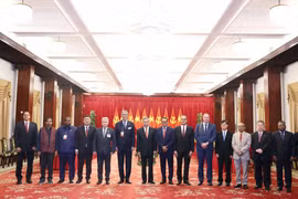El secretario general del Partido Comunista de Vietnam, To Lam, y los jefes de delegaciones de partidos políticos se toman una foto de recuerdo. (Fuente: VNA)