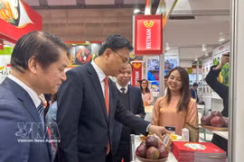 El embajador de Vietnam en Japón, Pham Quang Hieu, visita un stand que exhibe frutas vietnamitas. (Fuente: VNA)
