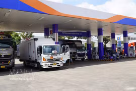 Numerosos medios del transporte acuden a cargar combustible a la gasolinera Petrolimex n.° 111 (comuna de My Tho, provincia de Dong Thap). (Foto: VNA)