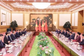 El encuentro entre el presidente vietnamita, Luong Cuong, y el secretario general del Partido Comunista y presidente de China, Xi Jinping. (Fuente: VNA)