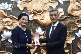 El embajador vietnamita en Camboya, Nguyen Minh Vu, entrega la Orden de la Amistad a la ex embajadora de Camboya en Vietnam, Chea Kimtha. (Fuente: VNA)