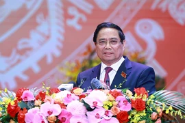 El primer ministro Pham Minh Chinh habla en una solemne ceremonia para conmemorar el 80.º aniversario de la fundación del Gobierno de la República Socialista de Vietnam. (Fuente: VNA)