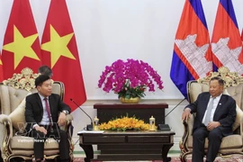 El viceministro vietnamita de Relaciones Exteriores Nguyen Manh Cuong (izquierda) se reúne con el vicepresidente del Partido Popular de Camboya Samdech Say Chhum. (Fuente: VNA)