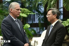 El primer secretario del Comité Central del Partido Comunista de Cuba y presidente de la República, Miguel Díaz-Canel Bermúdez, y el embajador de Vietnam en Cuba, Le Quang Long. (Fuente: VNA)