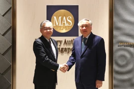 El viceprimer ministro permanente de Vietnam, Nguyen Hoa Binh, (derecha) se reúne con su homólogo de Singapur, Gan Kim Yong. (Fuente: VNA)