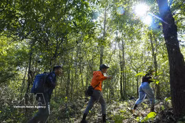 Los turistas exploran Pu To Co con mochilas y bastones de trekking. (Fuente: VNA)