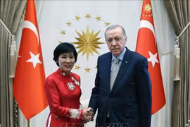 La embajadora de Vietnam en Turquía, Dang Thi Thu Ha, y el presidente turco, Recep Tayyip Erdogan. (Fuente: VNA)