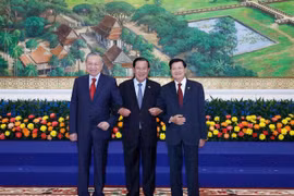 Los máximos dirigentes de los tres Partidos de Vietnam, Camboya y Laos. (Fuente: VNA)