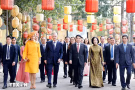 El presidente de Vietnam, Luong Cuong, y el rey Felipe de Bélgica en la Ciudadela Imperial de Thang Long. (Fuente: VNA)