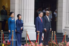 El presidente de Singapur, Tharman Shanmugaratnam, y su esposa presiden la ceremonia oficial de bienvenida al secretario general del Comité Central del Partido Comunista de Vietnam y presidente del país, To Lam, y a su esposa. (Fuente: VNA)