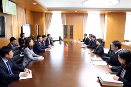 Panorama de la reunión entre el viceprimer ministro vietnamita Le Thanh Long y la ministra de Educación, Cultura, Deportes, Ciencia y Tecnología de Japón, Abe Toshiko. (Fuente: VNA)