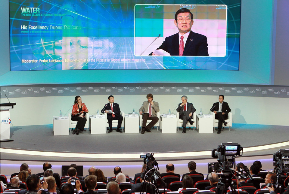 El presidente de Vietnam, Truong Tan Sang, intervino en la sesión plenaria de la Cumbre Empresarial APEC 2012, sobre el tema “Agua: Un nuevo recurso estratégico global”, en la ciudad de Vladivostok, Rusia, en 2012. (Fuente: VNA)