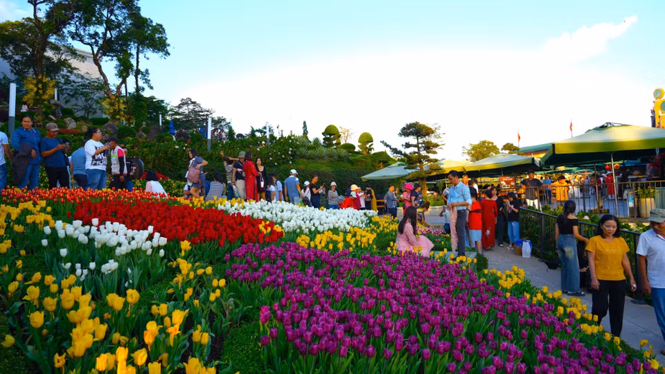 El jardín de tulipanes de vivos colores en la montaña Ba Den atrae a numerosos turistas que vienen a pasear, tomar fotos y disfrutar del aire fresco. (Foto: VNA)
