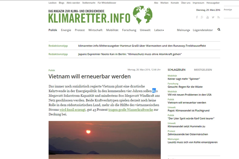 Exalta revista alemana impulso de uso de energía renovable en Vietnam