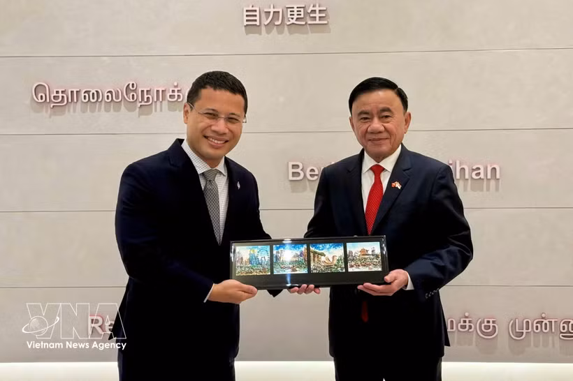 El miembro del Buró Político e integrante permanente del Secretariado del Comité Central del Partido Comunista de Vietnam (PCV), Tran Cam Tu, y el presidente del Partido de Acción Popular y ministro de Educación de Singapur, Desmond Lee. (Fuente: VNA)