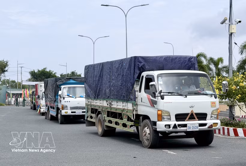 Camiones de carga buscan completar los trámites de importación en el paso fronterizo terrestre internacional de Khanh Binh. (Foto: VNA)
