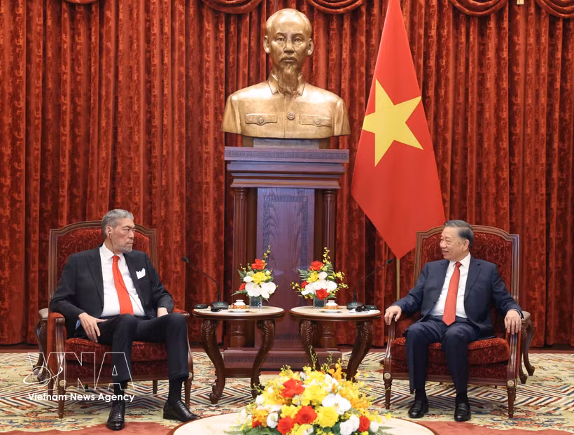 El secretario general del Partido Comunista y presidente de Vietnam, To Lam, recibe al secretario general del Movimiento Izquierda Unida (MIU) de República Dominicana, Miguel Mejía. (Fuente: VNA)