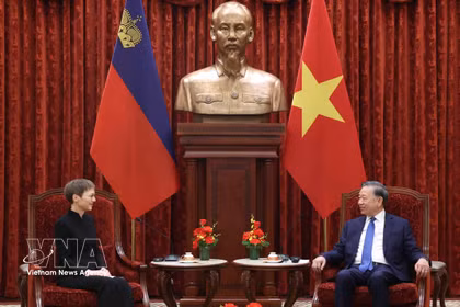 El secretario general del Partido Comunista y presidente de Vietnam, To Lam, recibe a la primera ministra de Liechtenstein, Brigitte Haas. (Foto: VNA)