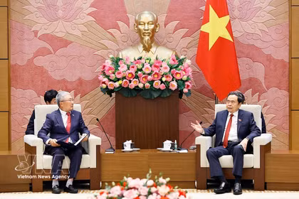 El presidente de la Asamblea Nacional de Vietnam, Tran Thanh Man (derecha), recibe al presidente de la Asociación de Amistad Corea del Sur-Vietnam, Lee Shin Jae. (Foto: VNA)