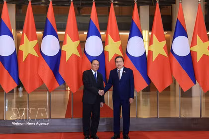 El presidente de la AN, Tran Thanh Man (derecha), recibe a Vilay Lakhamphong, miembro del Buró Político e integrante permanente del Secretariado del Comité Central del PPRL. (Foto: VNA)