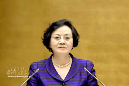 La secretaria del Comité Central del Partido Comunista de Vietnam y viceprimera ministra del país, Pham Thi Thanh Tra, interviene en la cita. (Foto: VNA)