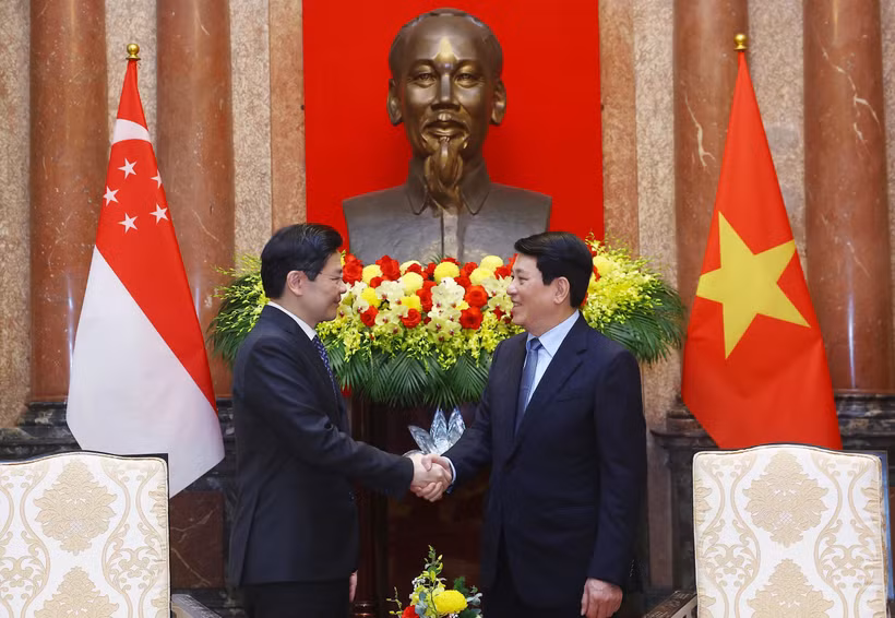 El presidente vietnamita Luong Cuong (derecha) se reunió con el primer ministro singapurense, Lawrence Wong. (Fuente: VNA)