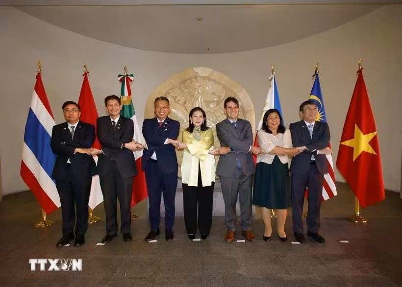 Los embajadores de la ASEAN en México se toman una foto grupal con la subsecretaria de Relaciones Exteriores de México, María Teresa Mercado. (Foto: VNA)