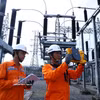 Trabajadores de la compañía eléctrica Can Giuoc (PC Tay Ninh) inspeccionan el sistema eléctrico en un subestación. (Foto: VNA)