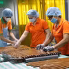 Trabajadores de la empresa Cau Ke (Vicosap), en la comuna de Tam Ngai, provincia de Vinh Long, procesan productos derivados del macapuno. (Foto: VNA)