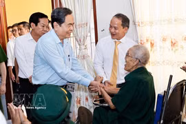 El presidente de la Asamblea Nacional, Tran Thanh Man, saluda a un veterano en el Centro de atención para inválidos de guerra y personas con méritos revolucionarios de Long Dat, en la comuna de Long Hai, Ciudad Ho Chi Minh. (Foto: VNA)