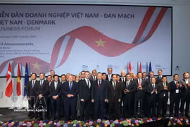 El secretario general del Partido Comunista y presidente de Vietnam, To Lam, y el rey Federico X de Dinamarca, junto con delegados y empresarios de ambos países. (Foto: VNA)