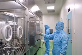 Investigadores del Instituto de Vacunas y Productos Biológicos Médicos operan equipos en el proceso de producción de vacunas. (Foto ilustrativa: VNA)