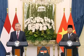 El secretario general del Partido Comunista de Vietnam, To Lam (izquierda), y el presidente indonesio y titular del Partido Movimiento Gran Indonesia (Gerindra), Prabowo Subianto, se reúnen con la prensa (Foto: VNA)