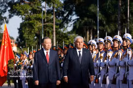 El secretario general del Partido Comunista y presidente de Vietnam, To Lam, y el presidente de Panamá, José Raúl Mulino, pasan revista a la guardia de honor. (Foto: VNA)