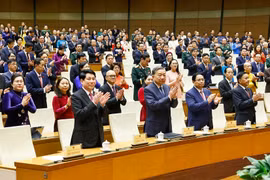 El secretario general del Partido Comunista de Vietnam, To Lam (segundo desde la izquierda, primera fila), y otros líderes y exdirigentes del Partido y el Estado en la cita (Foto: VNA)