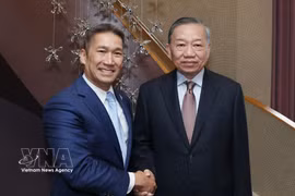 El secretario general del Partido Comunista y presidente de Vietnam, To Lam (derecha), recibe a Hung Cao, secretario interino de la Marina de Estados Unidos. (Foto: VNA)