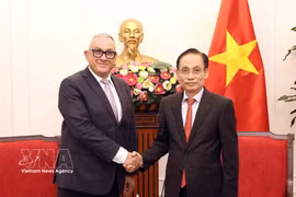 El ministro de Relaciones Exteriores de Vietnam, Le Hoai Trung (derecha), recibe al comisario de la UE para Asociaciones Internacionales, Jozef Síkela (Foto: VNA)