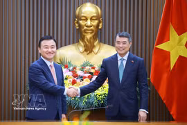 El primer ministro de Vietnam, Le Minh Hung (derecha), recibe a Roh Tae Moon, presidente y director ejecutivo de Samsung Electronics. (Foto: VNA)