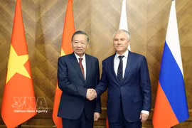 El secretario general del Partido Comunista de Vietnam y presidente de la República, To Lam (izquierda), se reúne con el presidente de la Duma Estatal de Rusia, Vyacheslav Volodin. (Foto: VNA)