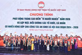 La presidenta del Comité Central del Frente de la Patria de Vietnam, Bui Thi Minh Hoai, y el viceprimer ministro permanente, Pham Gia Tuc, junto con las organizaciones e individuos homenajeados. (Foto: VNA)