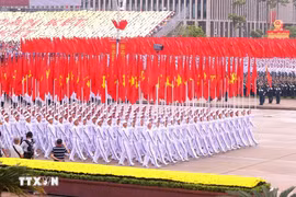 La formación con la bandera del Partido y la bandera nacional (Foto: VNA)