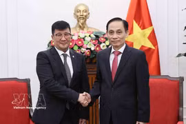 El ministro de Relaciones Exteriores de Vietnam, Le Hoai Trung (derecha), recibe al embajador saliente de Mongolia, Jigjee Sereejav. (Foto: VNA)
