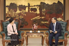 El viceprimer ministro permanente de Vietnam, Pham Gia Tuc, conversa con la presidenta del AIIB, Zou Jiayi. (Foto: VNA)