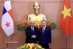 El presidente de Panamá, José Raúl Mulino, y el secretario general del Partido Comunista y presidente de Vietnam, To Lam (Fuente: VNA)