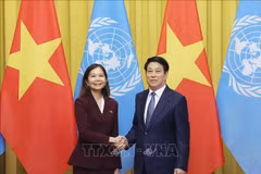 El presidente vietnamita, Luong Cuong, recibe a Pauline Tamesis, coordinadora residente de las Naciones Unidas en Vietnam (Fuente: VNA)