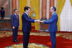 El presidente de Vietnam, Luong Cuong (izquierda) recibe al embajador cubano en Hanoi, Rogelio Polanco Fuentes (Fuente: VNA)
