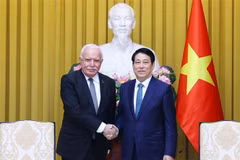 El presidente de Vietnam, Luong Cuong (derecha) recibe a Riad Malki, enviado especial del presidente del Estado de Palestina (Fuente: VNA)