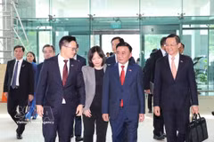 El ministro de Estado de Defensa de Singapur, Desmond Choo, se despide de Tran Cam Tu, miembro del Buró Político y permanente del Secretariado del Comité Central del Partido Comunista de Vietnam, en el Aeropuerto Internacional de Changi. (Foto: VNA)