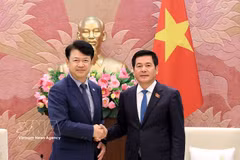 El vicepresidente de la Asamblea Nacional de Vietnam Nguyen Hong Dien (derecha) recibe a Bok Gi Wang, subtitular de la Comisión de Territorio, Infraestructura y Transporte de la Asamblea Nacional de Corea del Sur (Fuente: VNA)